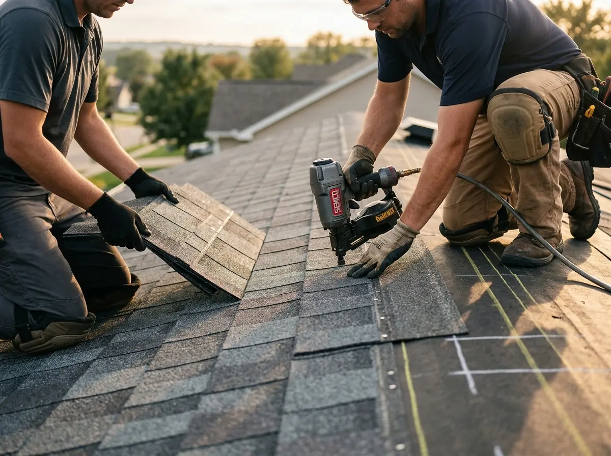 Professional roofer working on a residential roof in Kirby